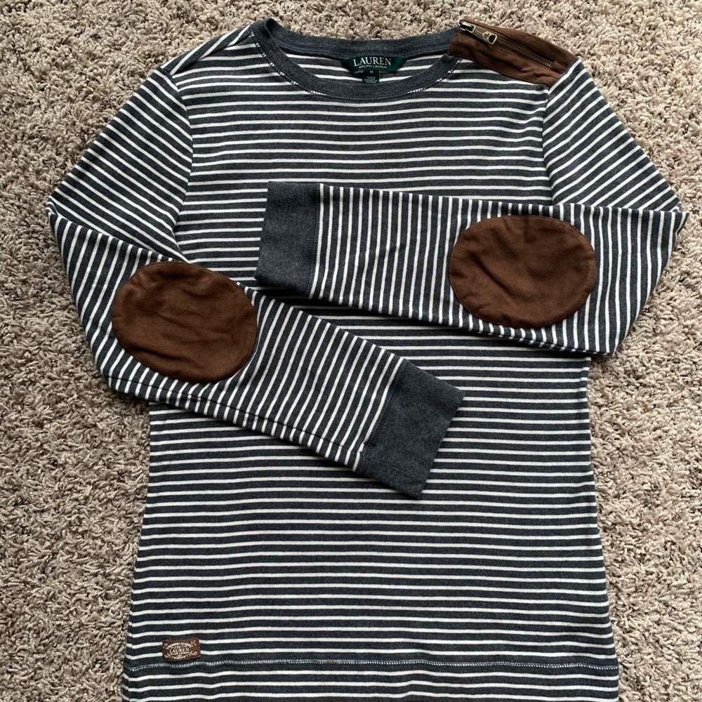 LAUREN Ralph Lauren Nautical Elbow Patches Stripped Long Sleeve T-Shirt Women M
